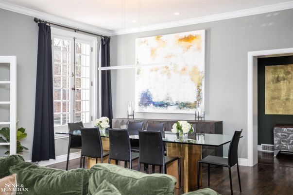 Dining room, Interior, Pendant Lights, Recessed Lighting, Wood Texture Flooring