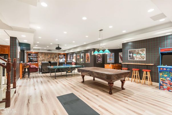 Billiard Table, Game Room, Interior, Pendant Lights, Recessed Lighting, Stone Walls, Wood Texture Flooring