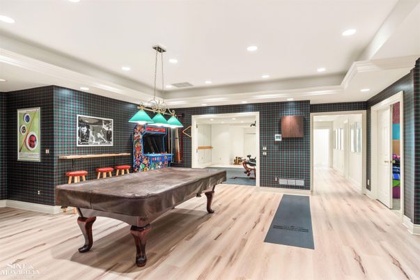 Billiard Table, Game Room, Interior, Pendant Lights, Recessed Lighting, Wood Texture Flooring