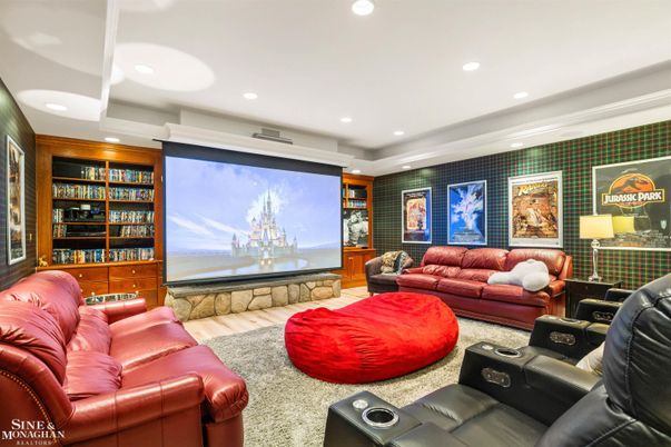 Home Theatre Room, Interior, Living room, Projection Screen, Recessed Lighting, Theatre Room, Wood Texture Flooring