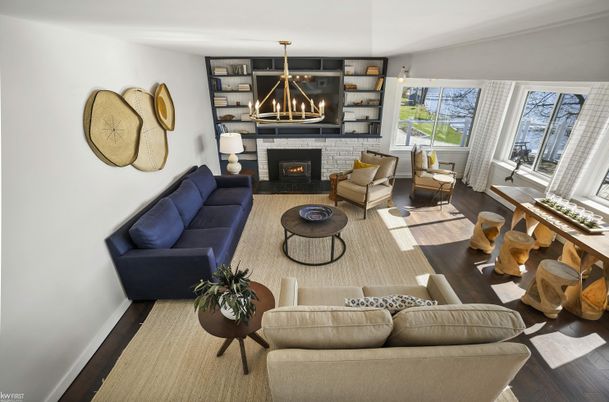 Fireplace, Interior, Living room, Pendant Lights, Wood Texture Flooring
