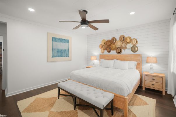 Bedroom, Interior, Recessed Lighting, Wood Texture Flooring