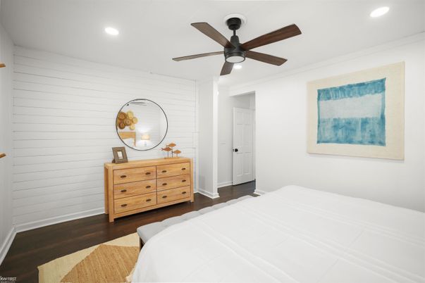 Bedroom, Interior, Recessed Lighting, Wood Texture Flooring