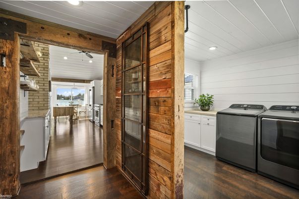 Dining room, Interior, Recessed Lighting, Stone Walls, Washer, Wood Texture Flooring