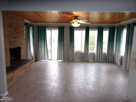 Empty room, Fireplace, Interior, Stone Walls, Wooden Ceilings, Wooden Walls
