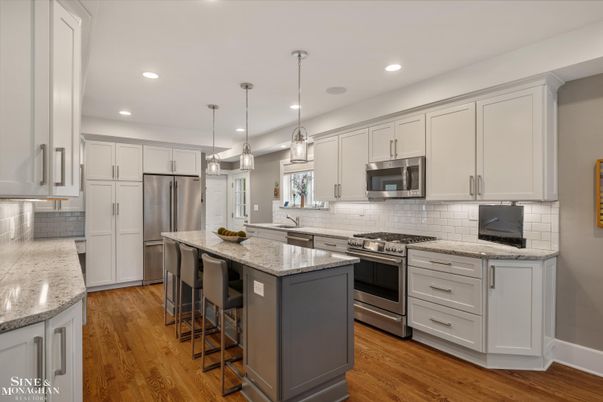 Interior, Kitchen, Pendant Lights, Recessed Lighting, Stainless Steel Appliances, Wood Texture Flooring