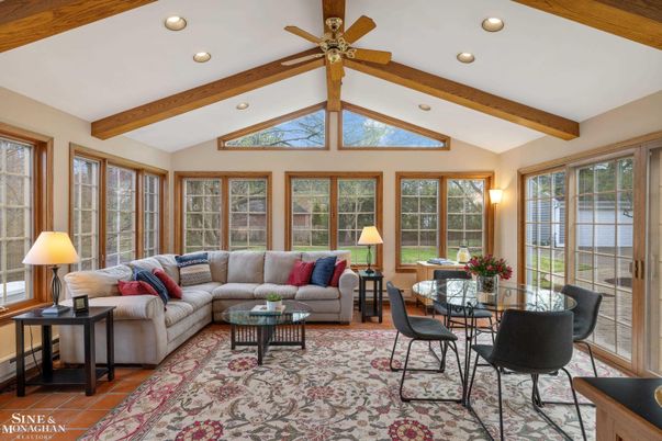 Dining room, Interior, Living room, Recessed Lighting, Wooden Beams