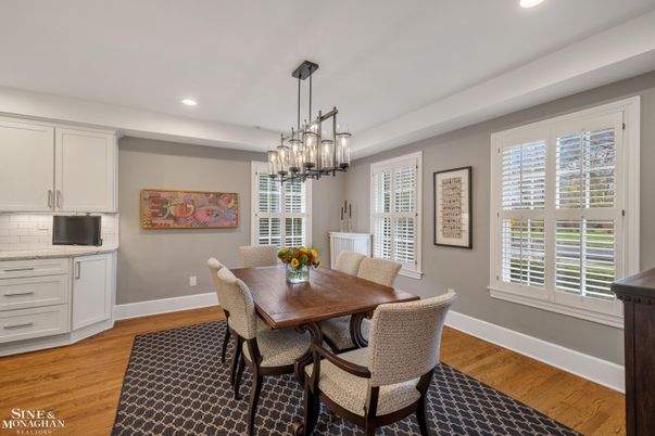 Dining room, Interior, Pendant Lights, Recessed Lighting, Wood Texture Flooring