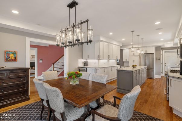 Dining room, Interior, Kitchen, Pendant Lights, Recessed Lighting, Stainless Steel Appliances, Wood Texture Flooring