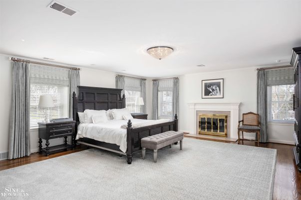 Bedroom, Fireplace, Interior, Recessed Lighting, Wood Texture Flooring