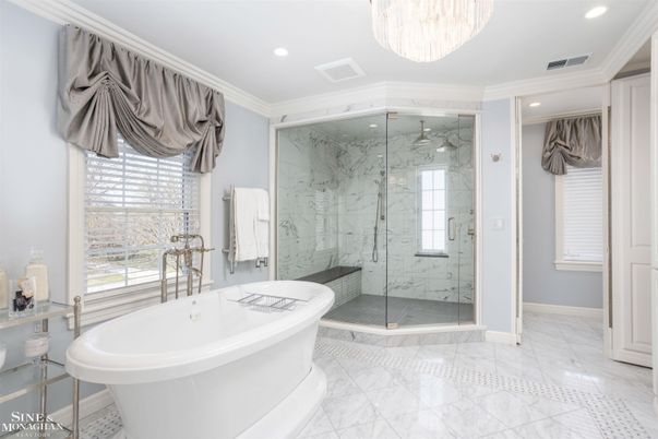 Bathroom, Free Standing Baths, Glass Shower, Interior, Marble, Marble Walls, Recessed Lighting