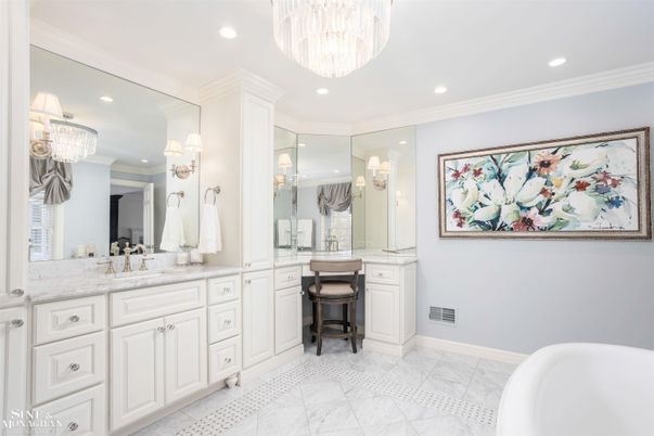 Bathroom, Chandelier, Dual Sink Vanities, Interior, Marble, Recessed Lighting