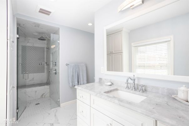 Bathroom, Glass Shower, Interior, Marble, Marble Walls, Recessed Lighting