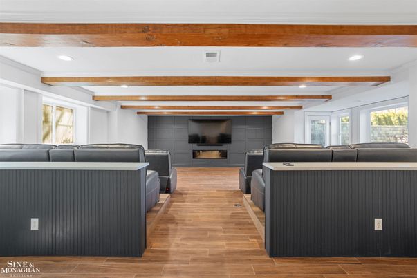 Fireplace, Interior, Living room, Recessed Lighting, Wooden Beams, Wood Texture Flooring