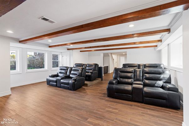 Home Theatre Room, Interior, Recessed Lighting, Theatre Room, Wooden Beams, Wood Texture Flooring