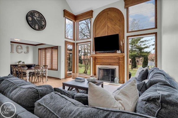 Dining room, Fireplace, Interior, Living room, Wood Texture Flooring