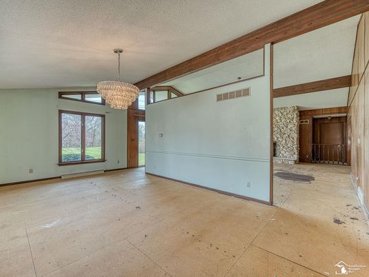 Chandelier, Empty room, Interior, Wooden Beams