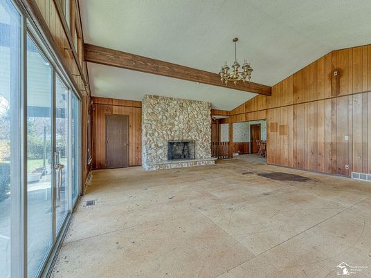 Empty room, Fireplace, Interior, Pendant Lights, Wooden Walls