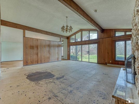 Chandelier, Empty room, Interior, Wooden Beams