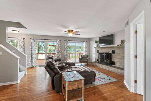 Fireplace, Interior, Living room, Stone Walls, Wood Texture Flooring