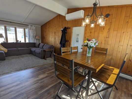 Dining room, Interior, Living room, Pendant Lights, Wood Texture Flooring, Wooden Walls