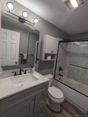 Bathroom, Glass Shower, Interior, Wood Texture Flooring