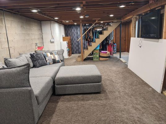 Interior, Living room, Recessed Lighting, Stone Walls