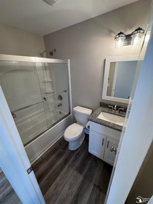 Bathroom, Glass Shower, Interior, Wood Texture Flooring