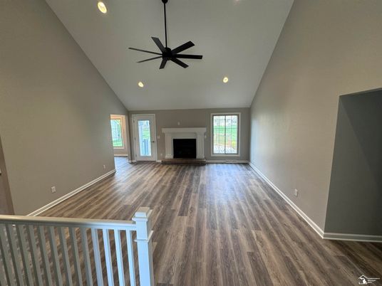 Empty room, Fireplace, Interior, Recessed Lighting, Wood Texture Flooring