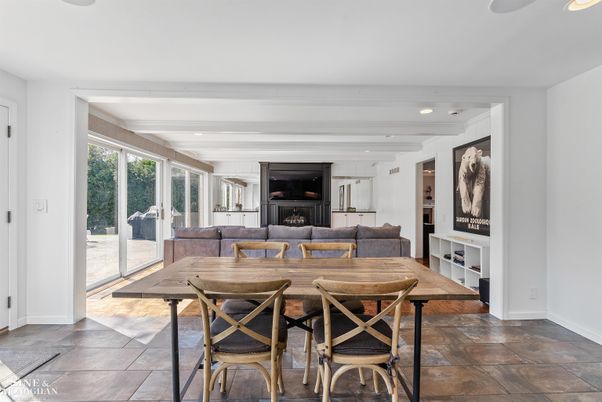 Dining room, Fireplace, Interior, Recessed Lighting