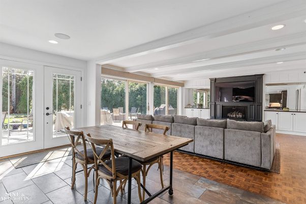 Dining room, Fireplace, Interior, Living room, Recessed Lighting, Wood Texture Flooring