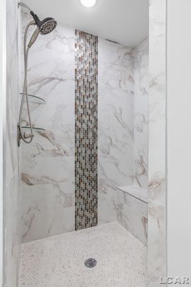 Bathroom, Glass Shower, Interior, Marble Walls, Recessed Lighting