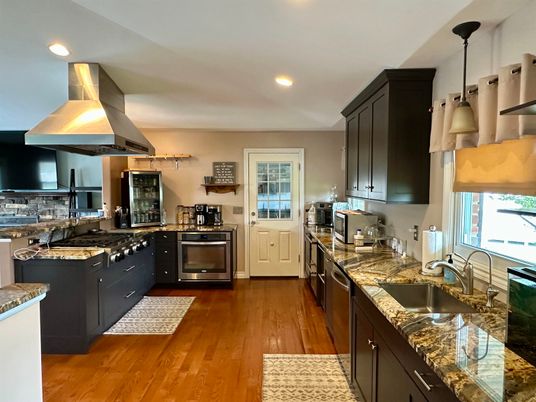 Interior, Kitchen, Pendant Lights, Recessed Lighting, Stainless Steel Appliances, Wood Texture Flooring