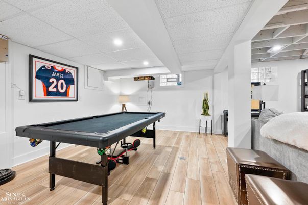 Billiard Table, Game Room, Interior, Recessed Lighting, Wood Texture Flooring