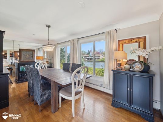 Dining room, Interior, Pendant Lights, Water, Wood Texture Flooring