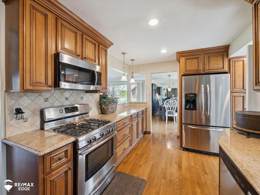 Interior, Kitchen, Pendant Lights, Recessed Lighting, Stainless Steel Appliances, Wood Texture Flooring