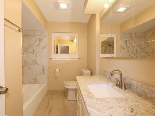Bathroom, Interior, Marble Walls, Wood Texture Flooring