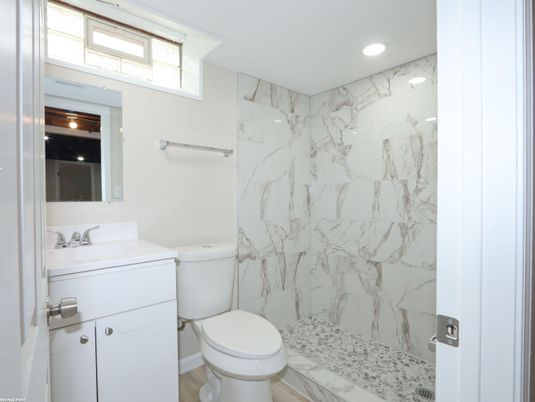 Bathroom, Glass Shower, Interior, Marble, Marble Walls, Recessed Lighting