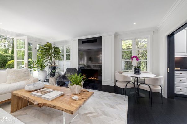 Dining room, Fireplace, Interior, Living room, Recessed Lighting, Wood Texture Flooring