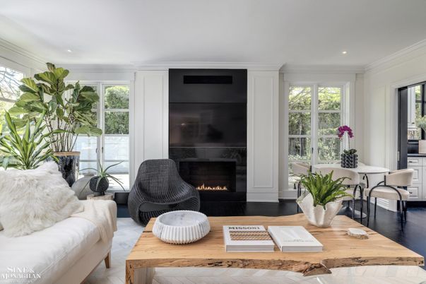 Fireplace, Interior, Living room, Recessed Lighting, Wood Texture Flooring