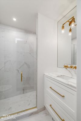 Bathroom, Glass Shower, Interior, Marble, Marble Walls, Recessed Lighting