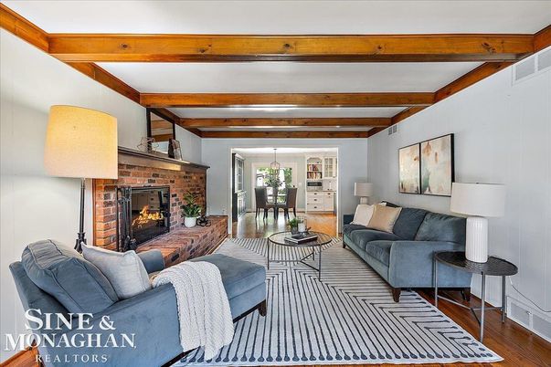 Dining room, Fireplace, Interior, Living room, Pendant Lights, Wooden Beams, Wood Texture Flooring