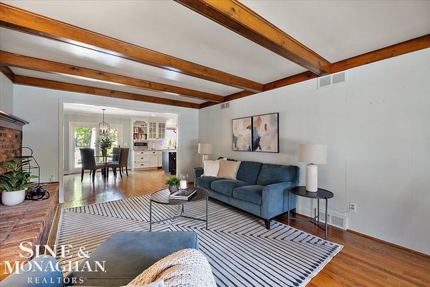 Dining room, Fireplace, Interior, Living room, Pendant Lights, Stone Walls, Wooden Beams, Wood Texture Flooring