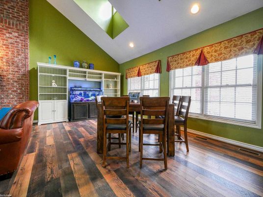 Dining room, Interior, Recessed Lighting, Stone Walls, Wood Texture Flooring