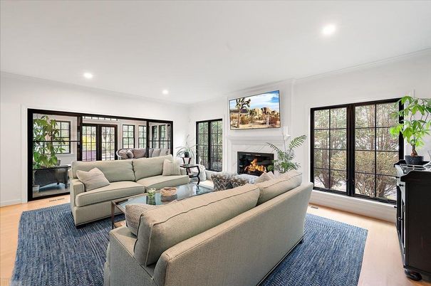 Fireplace, Interior, Living room, Recessed Lighting, Wood Texture Flooring