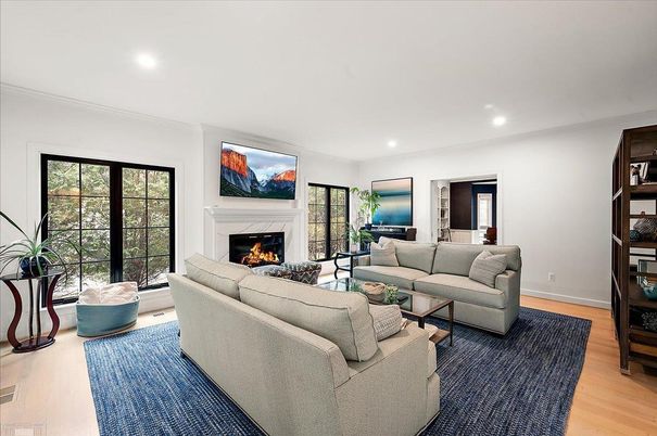 Fireplace, Interior, Living room, Recessed Lighting, Wood Texture Flooring