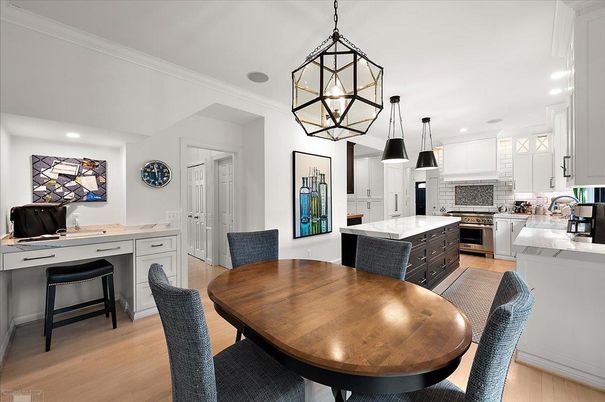 Dining room, Interior, Kitchen, Pendant Lights, Recessed Lighting, Stainless Steel Appliances, Wood Texture Flooring