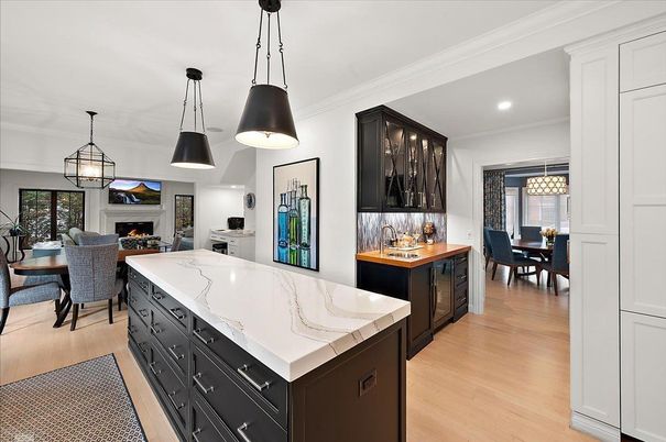 Dining room, Fireplace, Interior, Kitchen, Living room, Pendant Lights, Recessed Lighting, Wood Texture Flooring