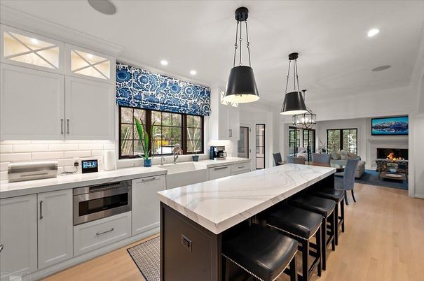 Fireplace, Interior, Kitchen, Pendant Lights, Recessed Lighting, Stainless Steel Appliances, Wood Texture Flooring