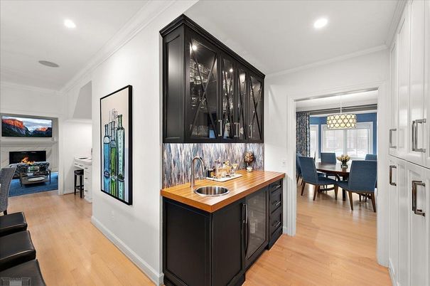 Dining room, Fireplace, Interior, Living room, Pendant Lights, Recessed Lighting, Wood Texture Flooring